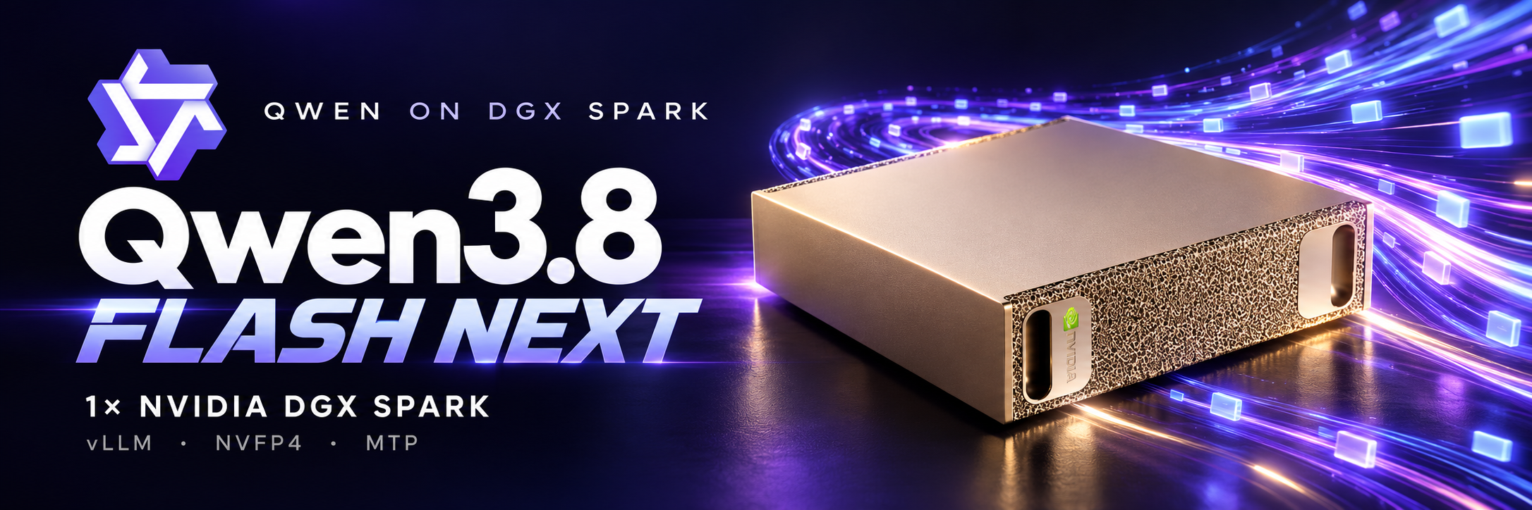 Qwen3.8 Flash Next on one DGX Spark: Qwen emblem, gold NVIDIA hardware and violet token trails.